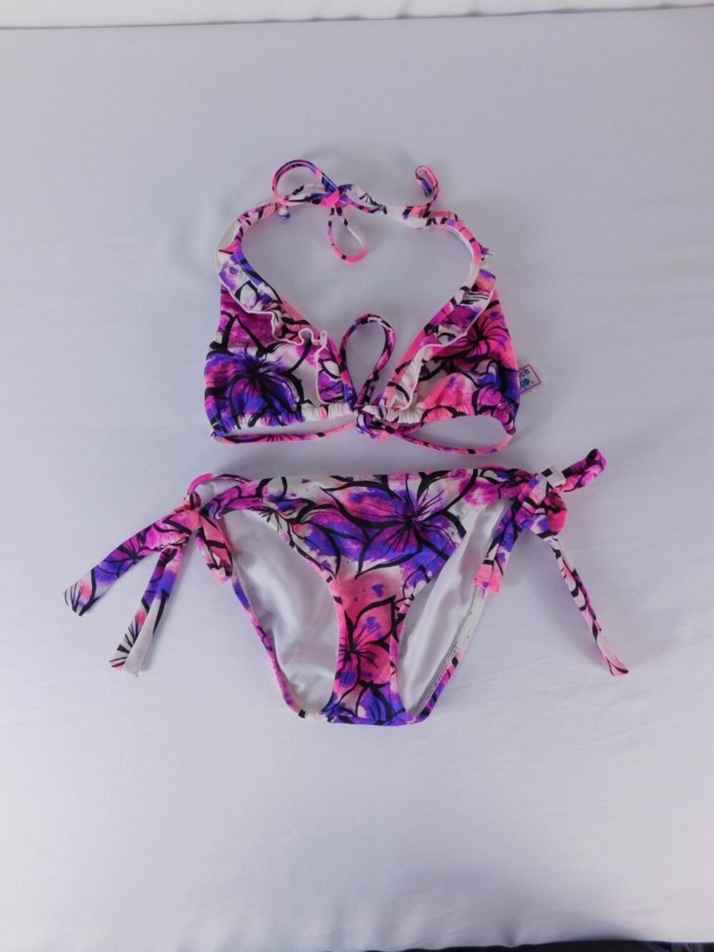 Beach Stop Bikini Womens M Pink Purple Floral Triangle Halter Side Tie 2 Piece